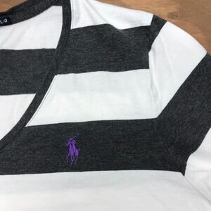 Ralph Lauren Sport Shirt Top Women's Large Black White Striped VNeck Long Sleeve